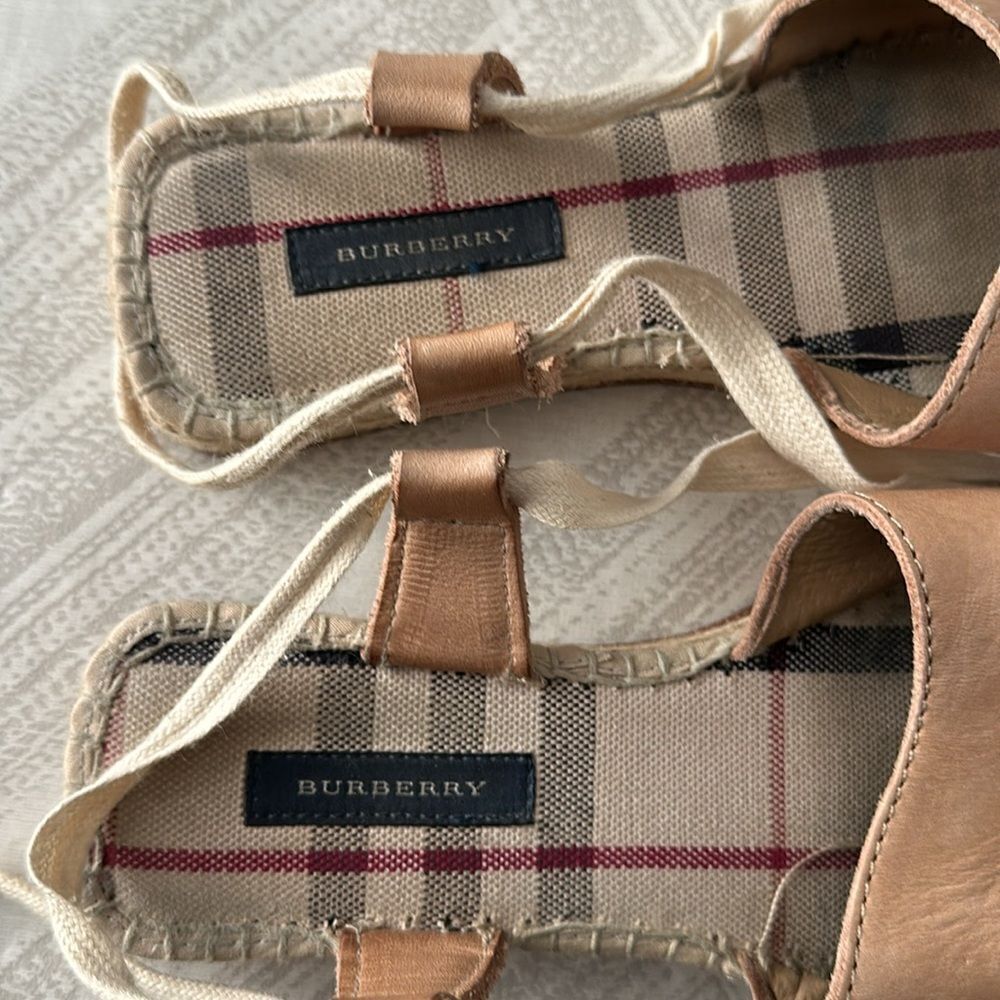 Burberry Shalicia Espadrille Sandals Women’s 38 Tan Leather Ankle Tie Plaid - Picture 3 of 6